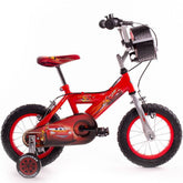 Huffy Disney Cars 12-inch kids bike featuring Lightning McQueen design, training wheels, and adjustable seat in red.