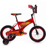 Huffy Disney Pixar Cars 14-inch kids bike with training wheels for ages 4 to 6, featuring colorful car-themed design.
