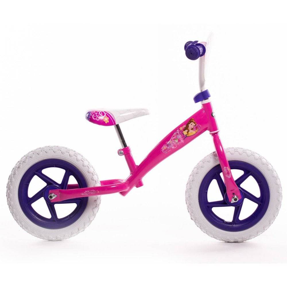 Pink Huffy Disney Princess 12-inch balance bike for kids aged 2-5, featuring princess-themed design and training wheels.