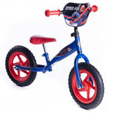Huffy Marvel Spider-Man 12-inch balance bike for kids ages 2-5, featuring red and blue Spider-Man design with cartoon graphics.