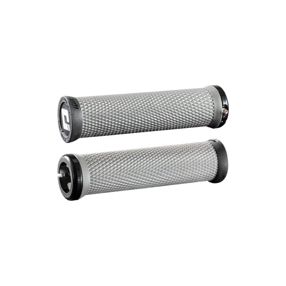 ODI Elite Motion MTB lock-on grips with Version 2.1 clamp system for mountain bikes, featuring black rubber handles and metal locking rings.