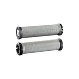 ODI Elite Motion MTB lock-on grips with Version 2.1 clamp system for mountain bikes, featuring black rubber handles and metal locking rings.