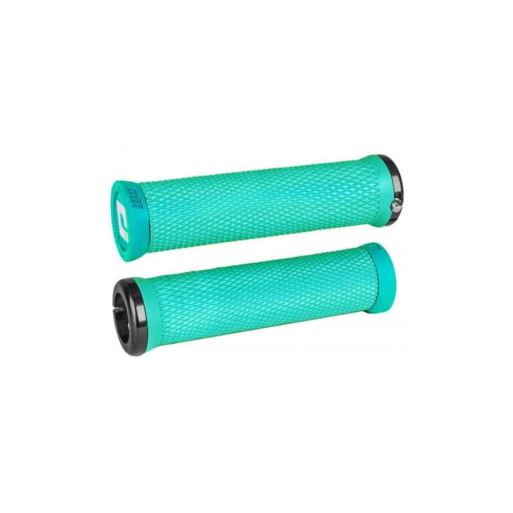 ODI Elite Motion MTB lock-on grips with Version 2.1 clamp system for mountain bikes, featuring textured rubber for grip and control