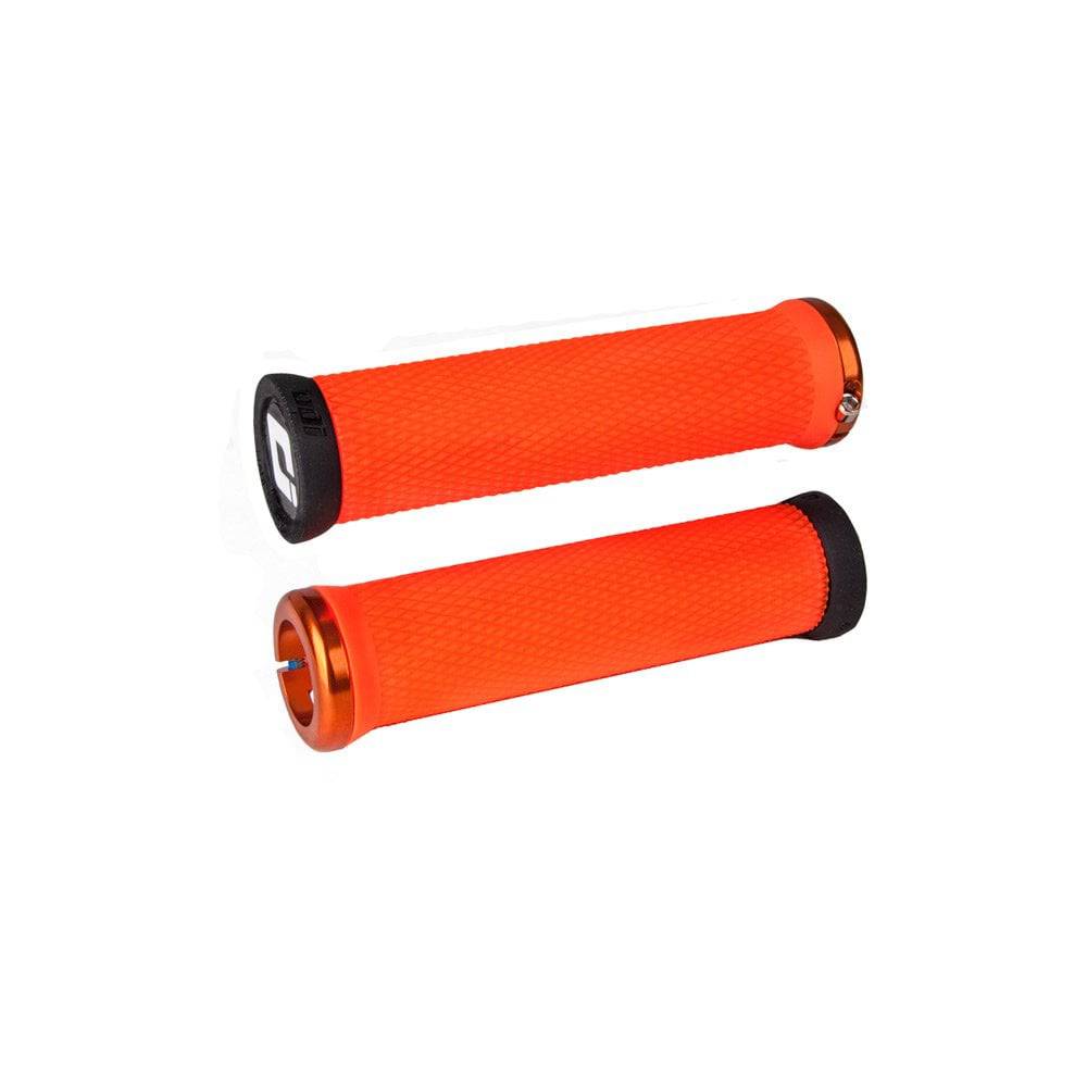 ODI Elite Motion MTB lock-on grips with Version 2.1 clamp system for mountain bikes, featuring textured rubber for grip and comfort.