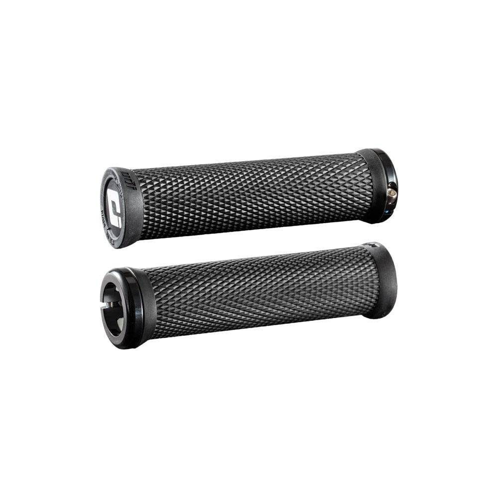 ODI Elite Motion MTB lock-on grips with Version 2.1 clamp system, designed for mountain bike handlebars, featuring ergonomic rubber texture.