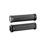 ODI Elite Motion MTB lock-on grips with Version 2.1 clamp system, designed for mountain bike handlebars, featuring ergonomic rubber texture.