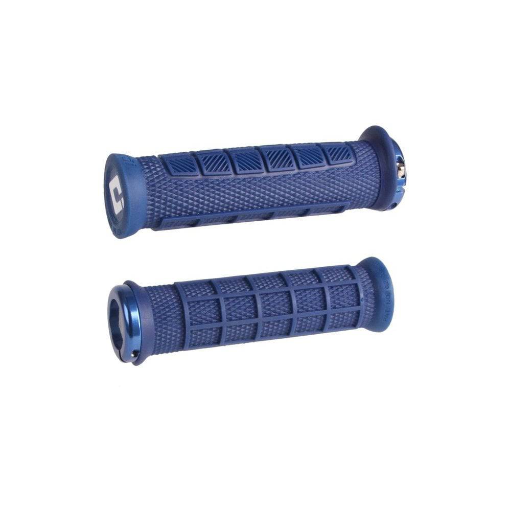 ODI Elite Pro MTB lock-on grips with ergonomic design and durable ends, shown on a mountain bike handlebar.