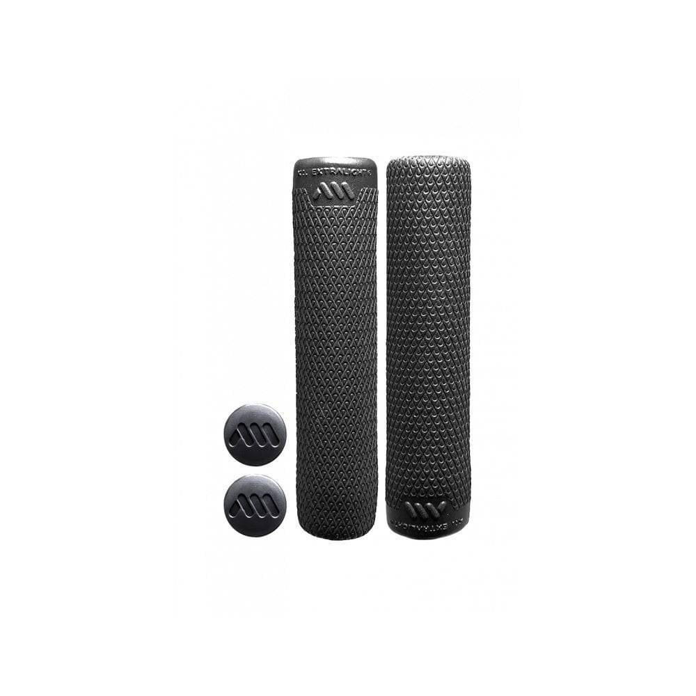 All Mountain Style Extralight black cross country bike grips, 130mm, close-up of textured handlebar components.