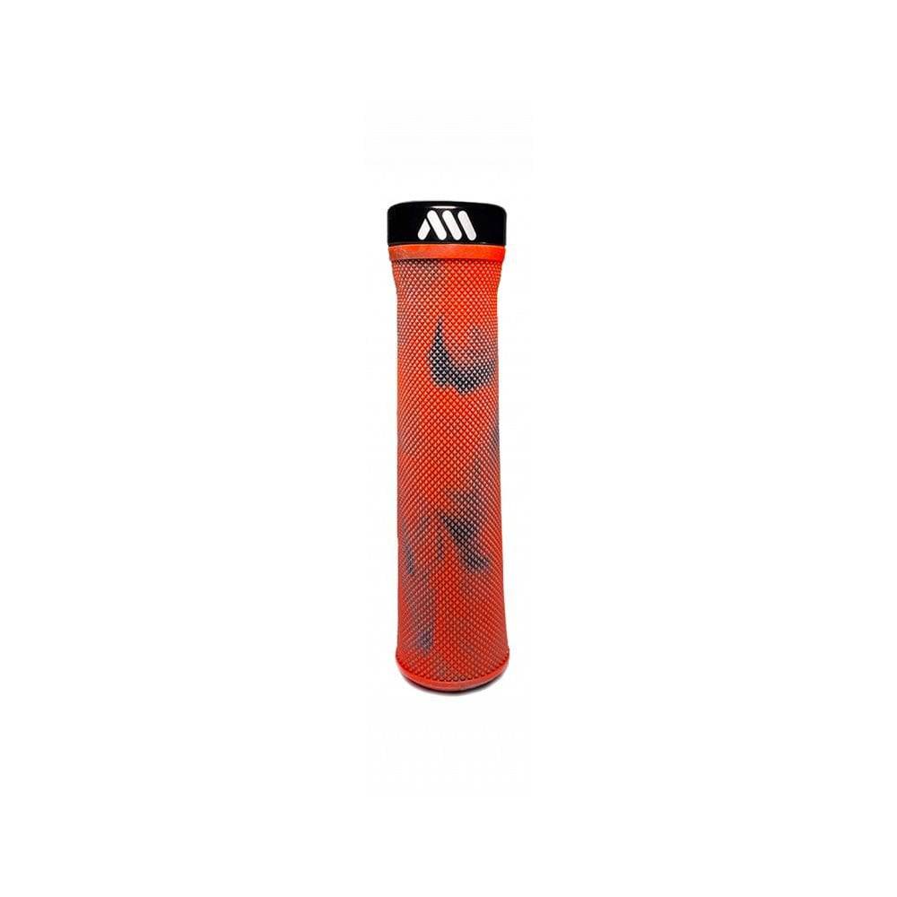 All Mountain Style Berm grips for mountain biking, featuring tapered design and locking collar, shown on a bicycle handlebar.