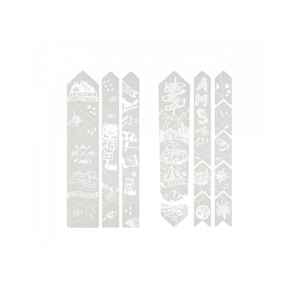 All Mountain Style frame guard stickers for gravel and road bikes, featuring protective accessories with colorful designs.