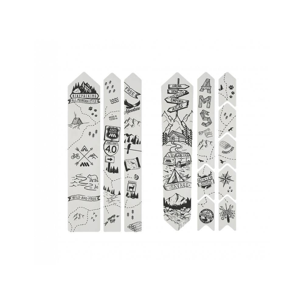 All Mountain Style frame guard stickers for gravel and road bikes, protective accessories with colorful graphics on a bike frame.