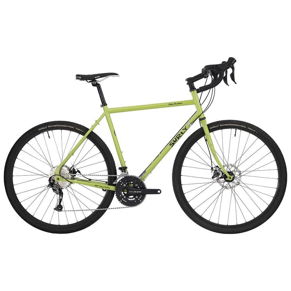 Surly Disc Trucker touring bike frame with 700c wheels and flat-mount disc brakes, designed for adventure riding.