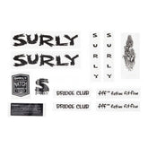 Surly bike decals and accessories for frames, including custom replacement spares, shown on a bicycle component.