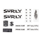Surly bike decals and accessories for frames, including custom replacement spares, shown on a bicycle component.
