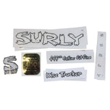 Surly Bikes decal kit with authentic headbadge spares for bike frames, featuring branded components and accessories.