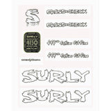 Surly Bikes decal kit and accessories for frame customization, including headbadge replacement, with colorful graphic designs.