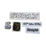 Surly bike frame decal kit and headbadge, including original spares and accessories for bike customization.