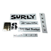 Surly bike decal kit and accessories with durable headbadge spares for frames, showcasing colorful decals and component details.