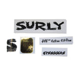 Surly Cross Check bike frame dropout screws with headbadge, metal components for bike frame maintenance and repair.