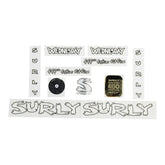 Surly bikes decal kit and headbadge for bike frame customization, including replacement decals and accessories.