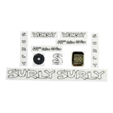 Surly bikes decal kit and headbadge for bike frame customization, including replacement decals and accessories.