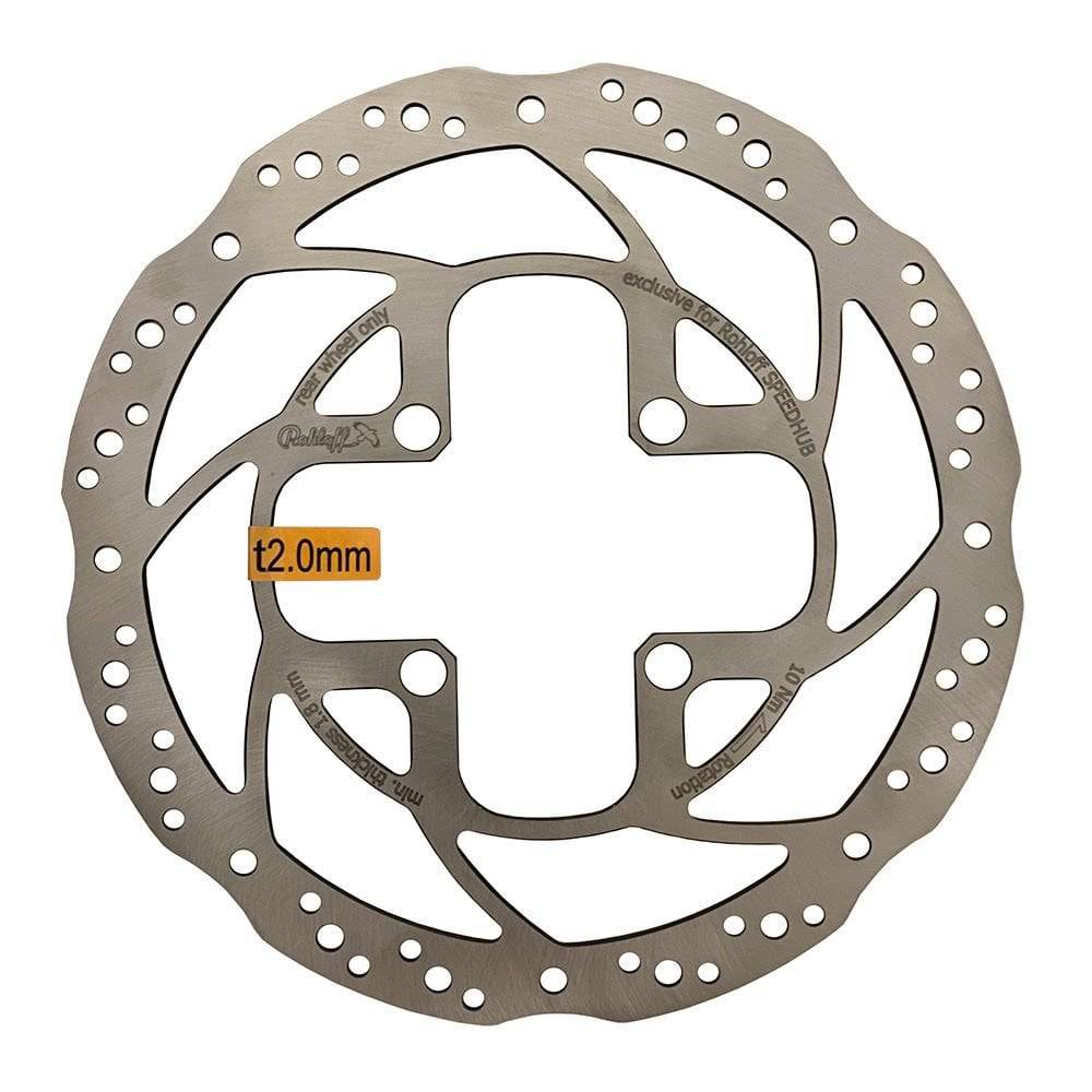 Rohloff 4 bolt disc brake rotor hub spare part showing multiple rotor sizes with 1.8mm and 2.0mm thickness options.