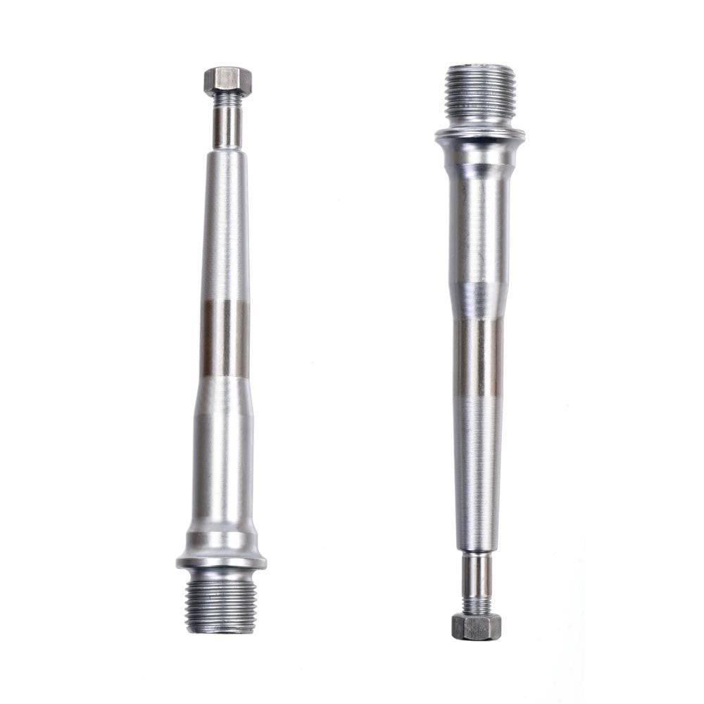 HT Components replacement axles made of CNC Cro-mo and titanium for bike spares and accessories, shown in a close-up image.