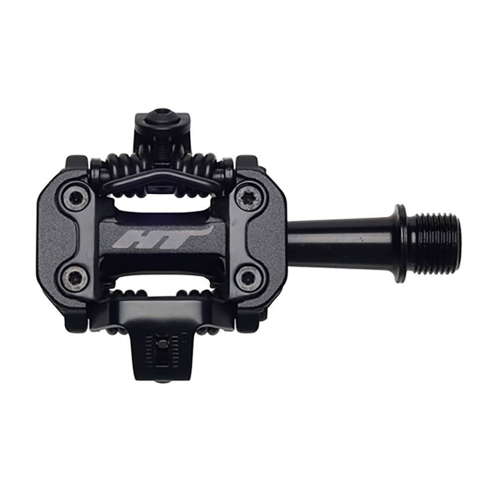 HT Components M2 flat mountain biking pedals with sealed bearings, durable metal design, and textured grip for performance riding.