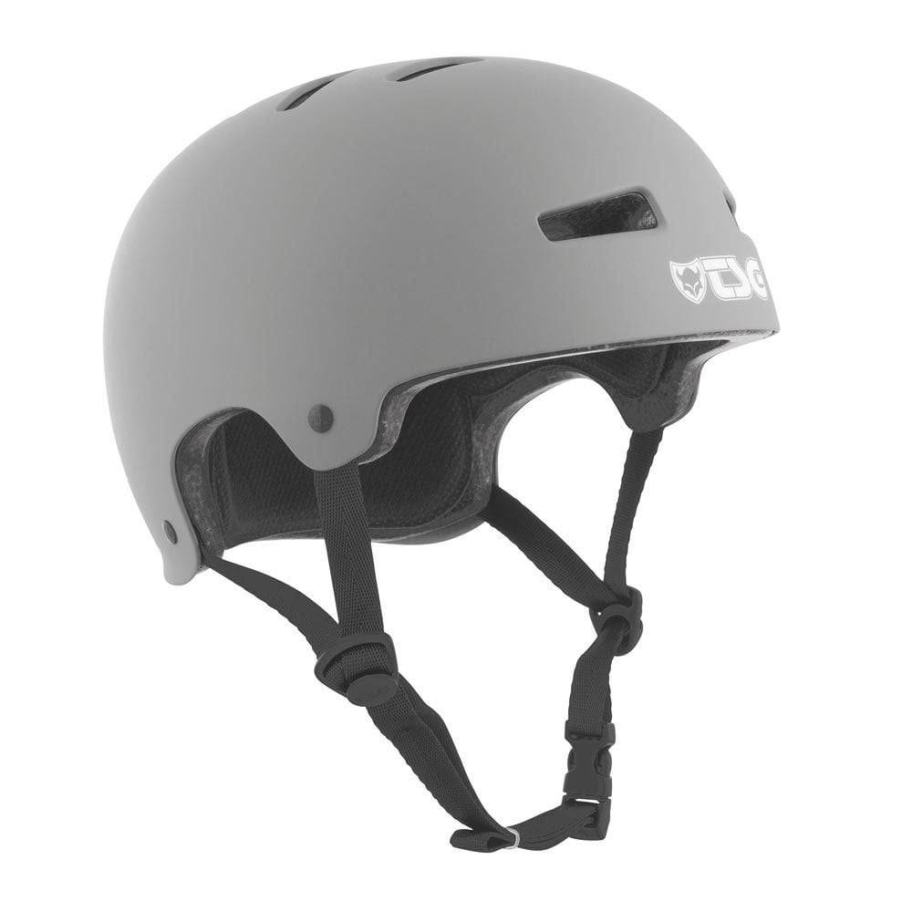 TSG Evolution helmet for bike, skate, BMX; slim, durable protective helmet shown in black with adjustable straps.