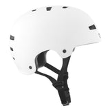 TSG Evolution helmet in black with adjustable straps, designed for bike, skate, and BMX protection, featuring a slim, custom fit.