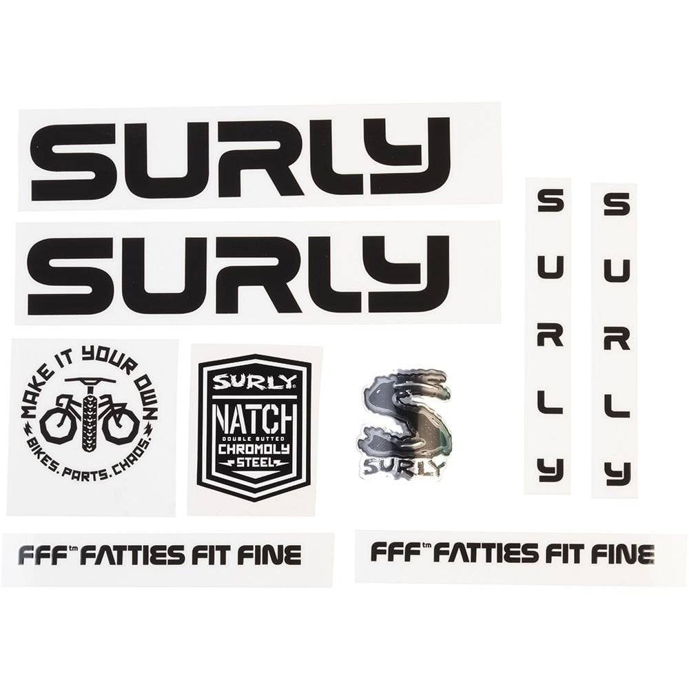 Surly Bikes frame stickers and decals for custom bike personalization, featuring bold Surly branding and design details.