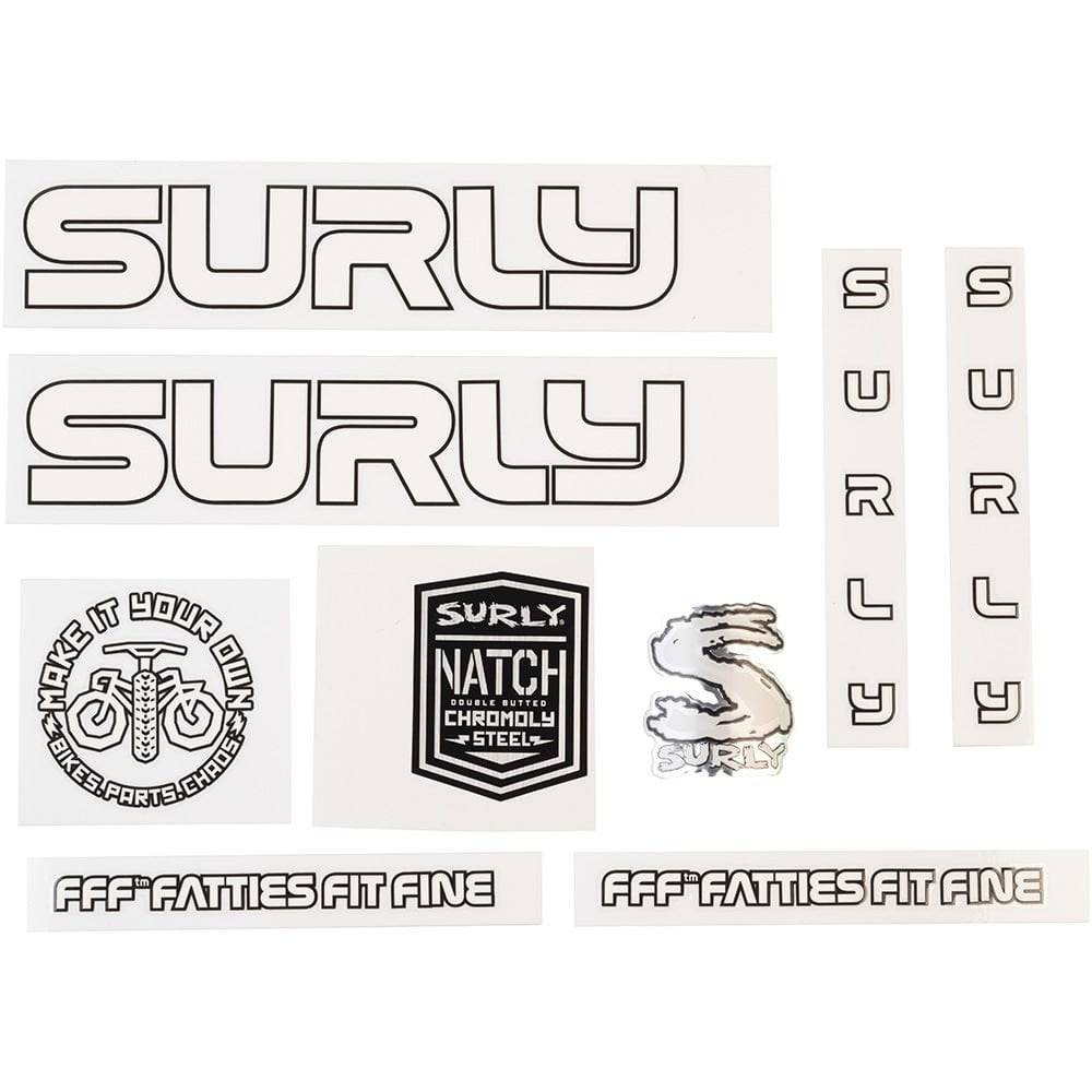 Surly bike frame stickers and decals for custom bike personalization, featuring bold Surly branding and design elements.
