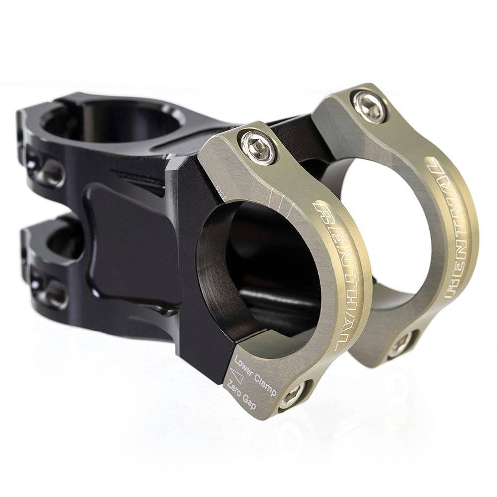Renthal Apex mountain bike stem with adjustable 6° rise/drop and 240° clamp design, showcasing its sleek, durable metal construction.