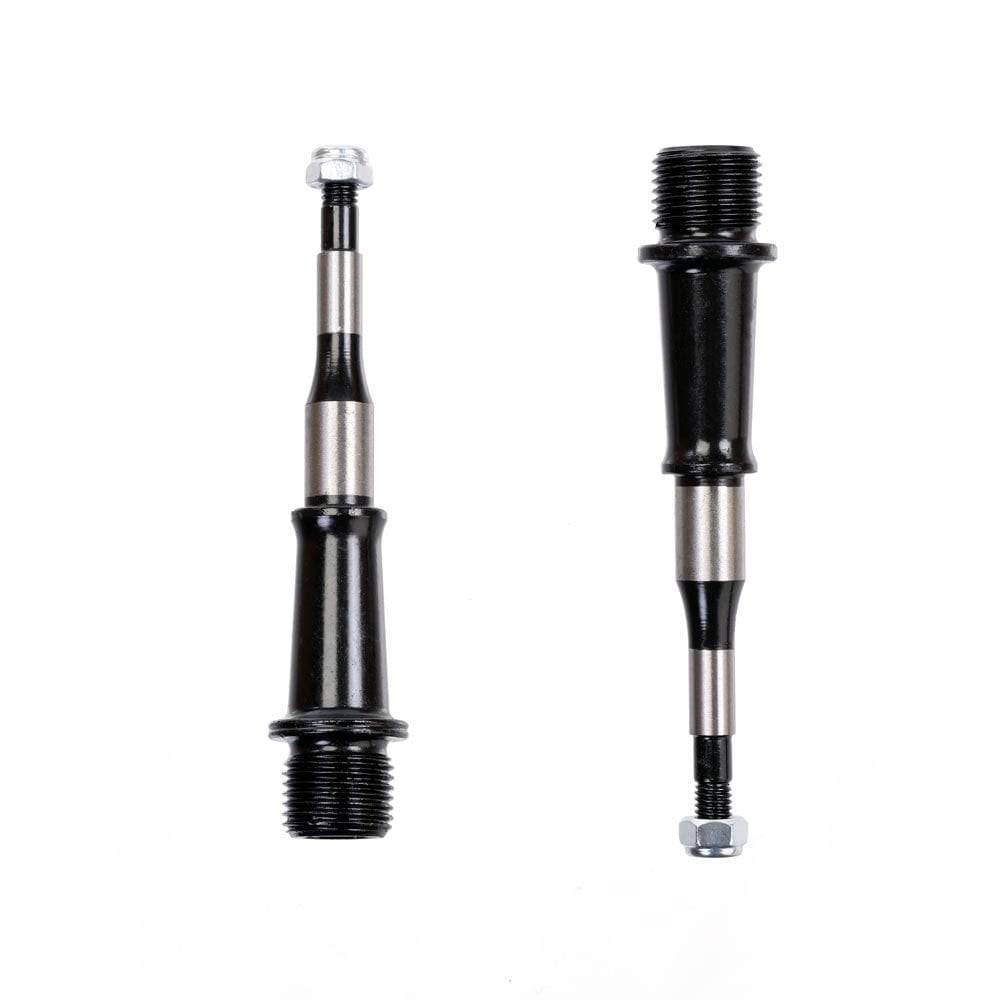 HT Components bike replacement axles, durable and reliable bike components, shown in a close-up image of the metal axles.