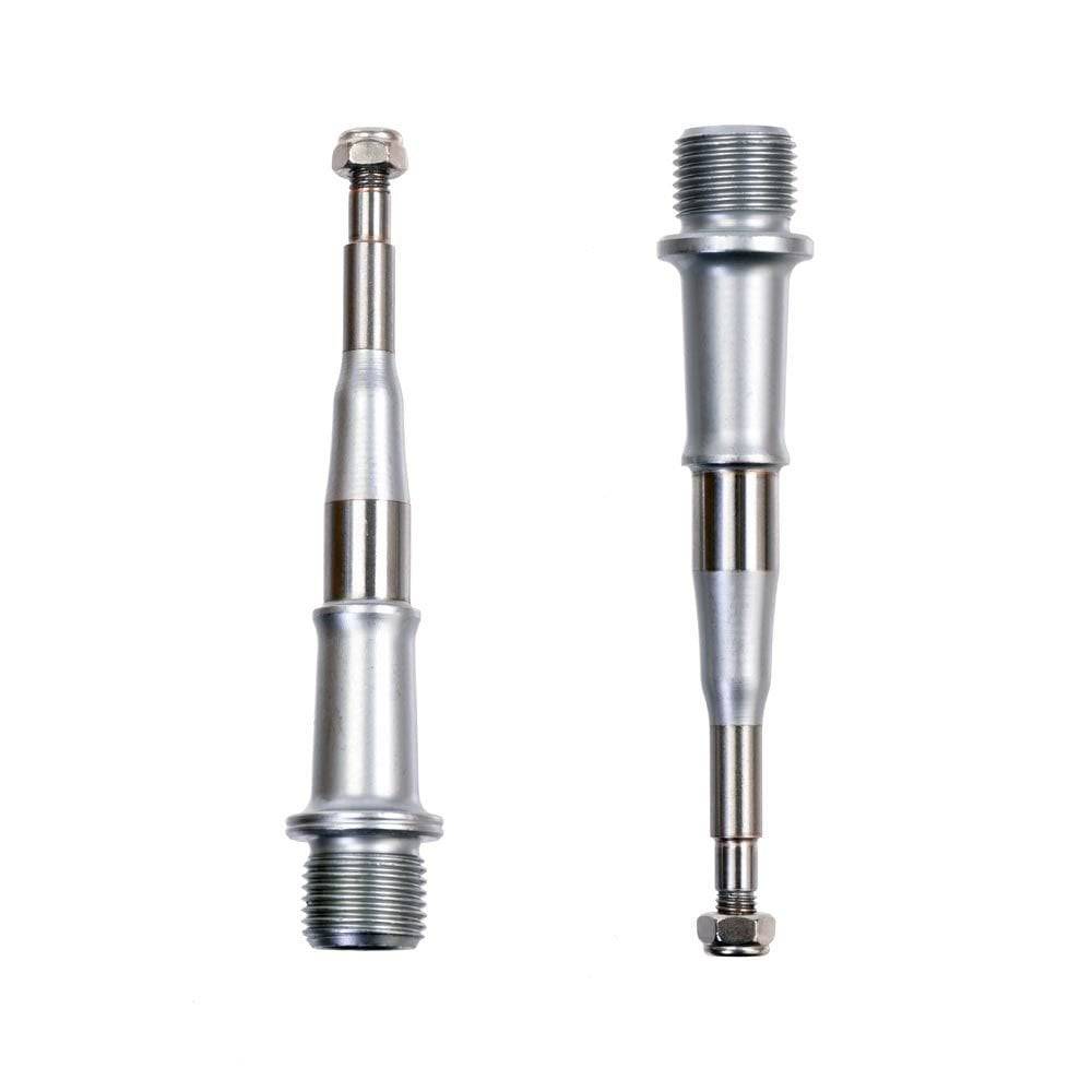 HT Components replacement bike axles, durable steel spares for bike upgrades, shown with detailed metal construction and threading.