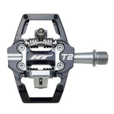 HT Components T2 flat trail riding pedals with adjustable tension and mud shedding features for off-road cycling.