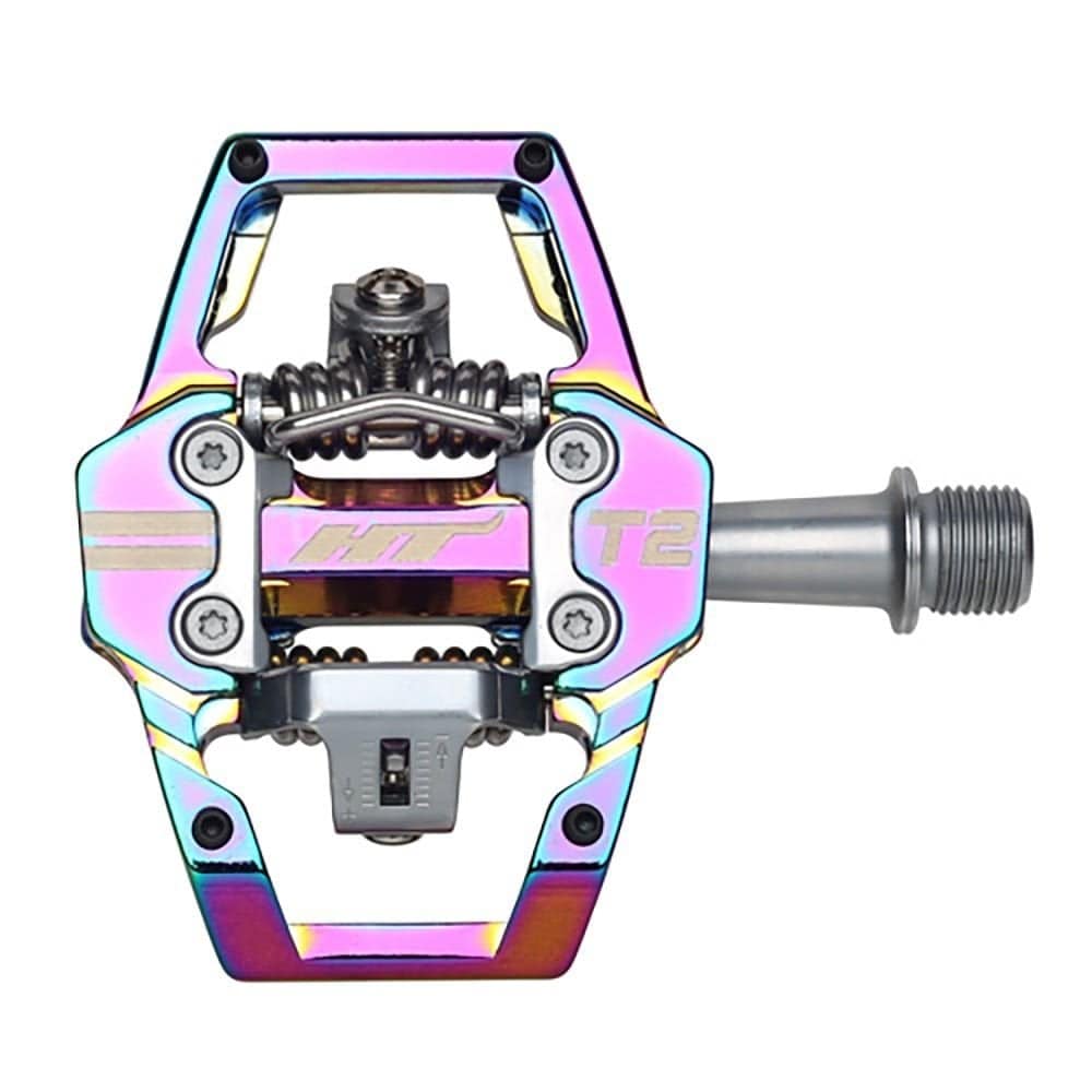 HT Components T2 flat trail riding pedals with adjustable tension and mud shedding features, shown on bike.