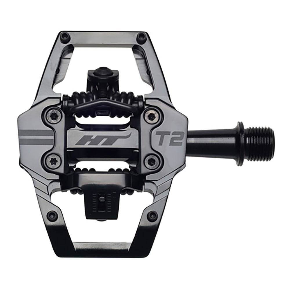 HT Components T2 flat trail bike pedals with adjustable tension and mud shedding features, designed for mountain biking.