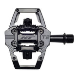 HT Components T2 flat trail bike pedals with adjustable tension and mud shedding features, designed for mountain biking.