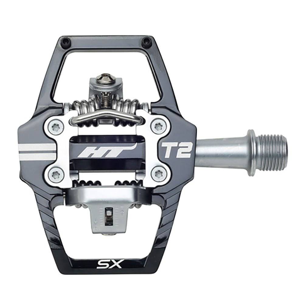 HT Components T2-Sx BMX flat pedals with durable grip and smooth rotation, featuring metal pins and a lightweight aluminum body.