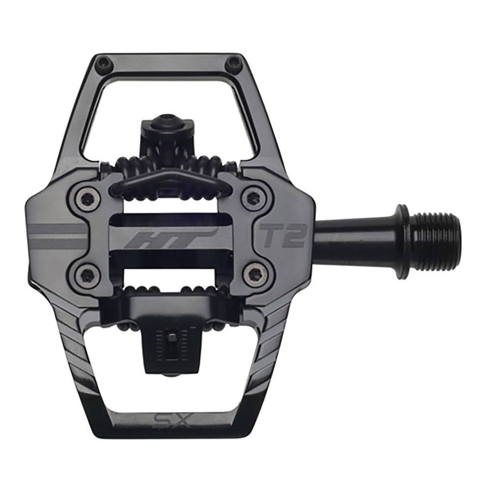 HT Components T2-Sx BMX flat pedals with durable grip and smooth rotation, shown with metal pins and textured pedal surface.
