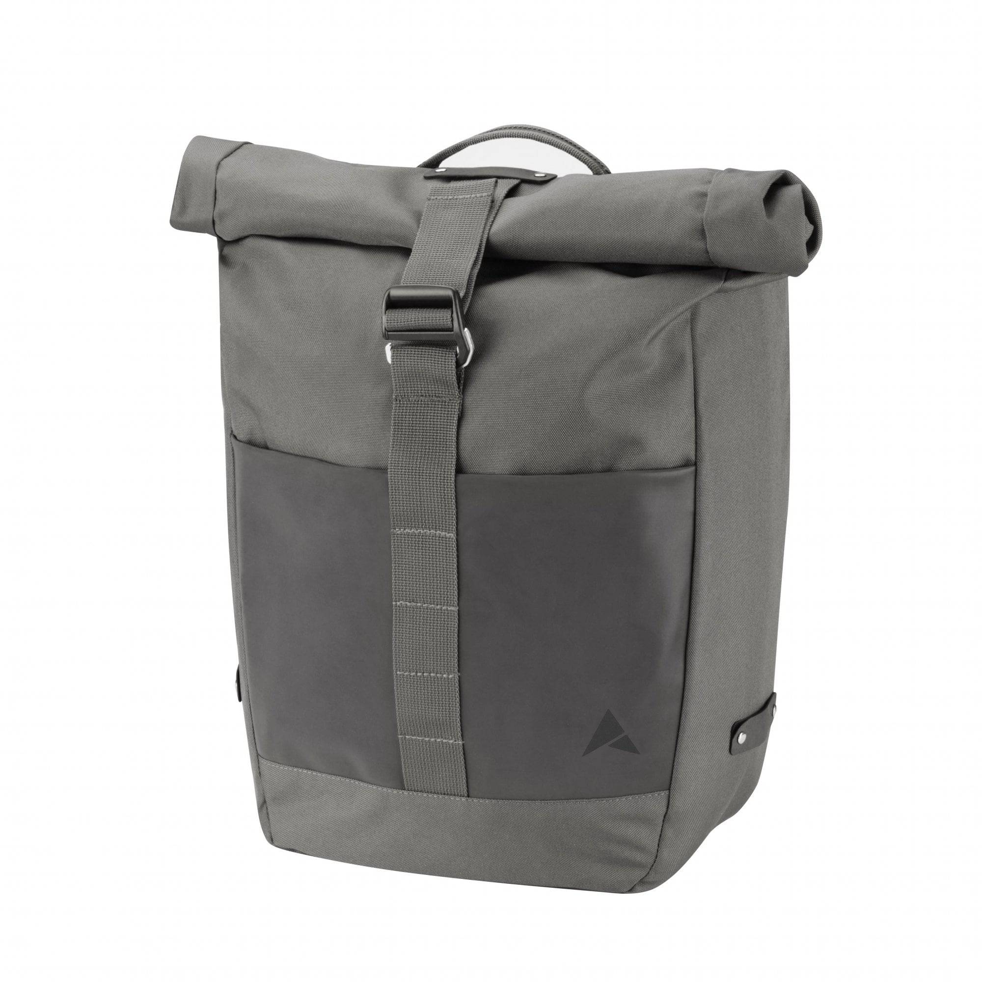 Altura Grid 20L cycling pannier in smoke with Rixen & Kaul Vario top hook system and waterproof fabric for bike touring.