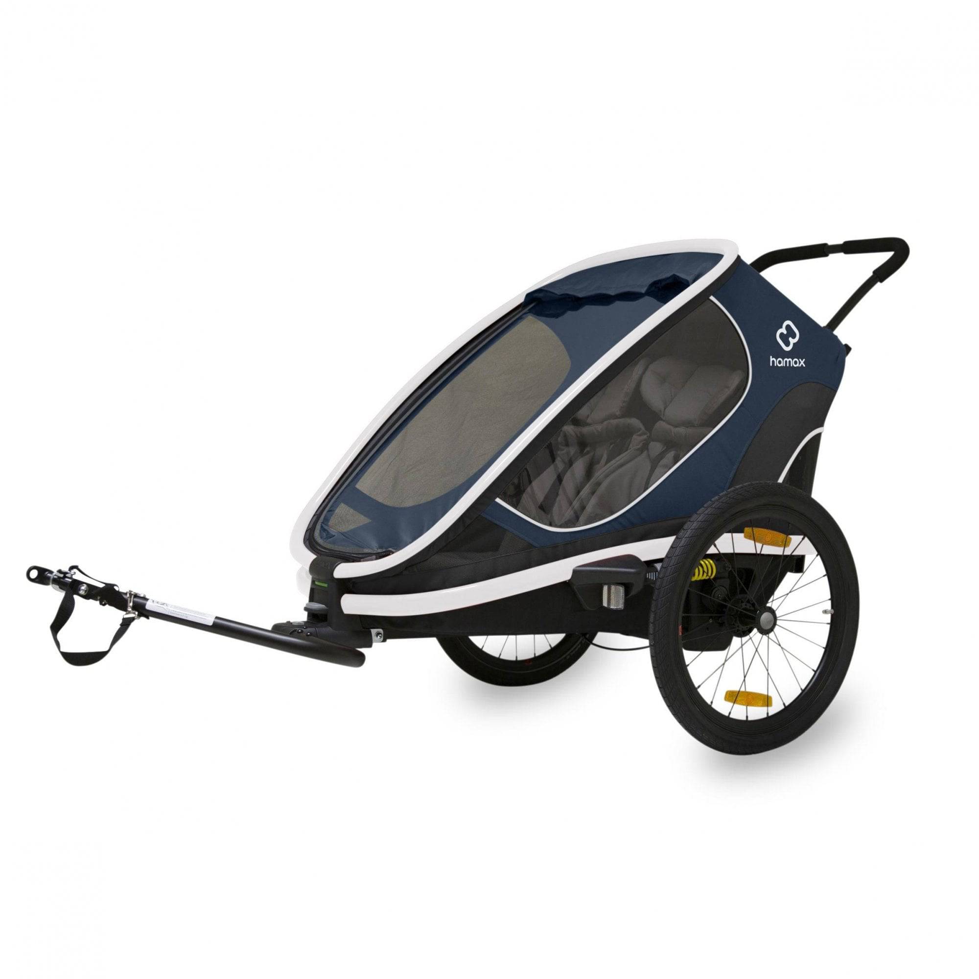 Hamax Outback Twin Child Bike Trailer with suspension and safe connection point, designed for family cycling accessories.