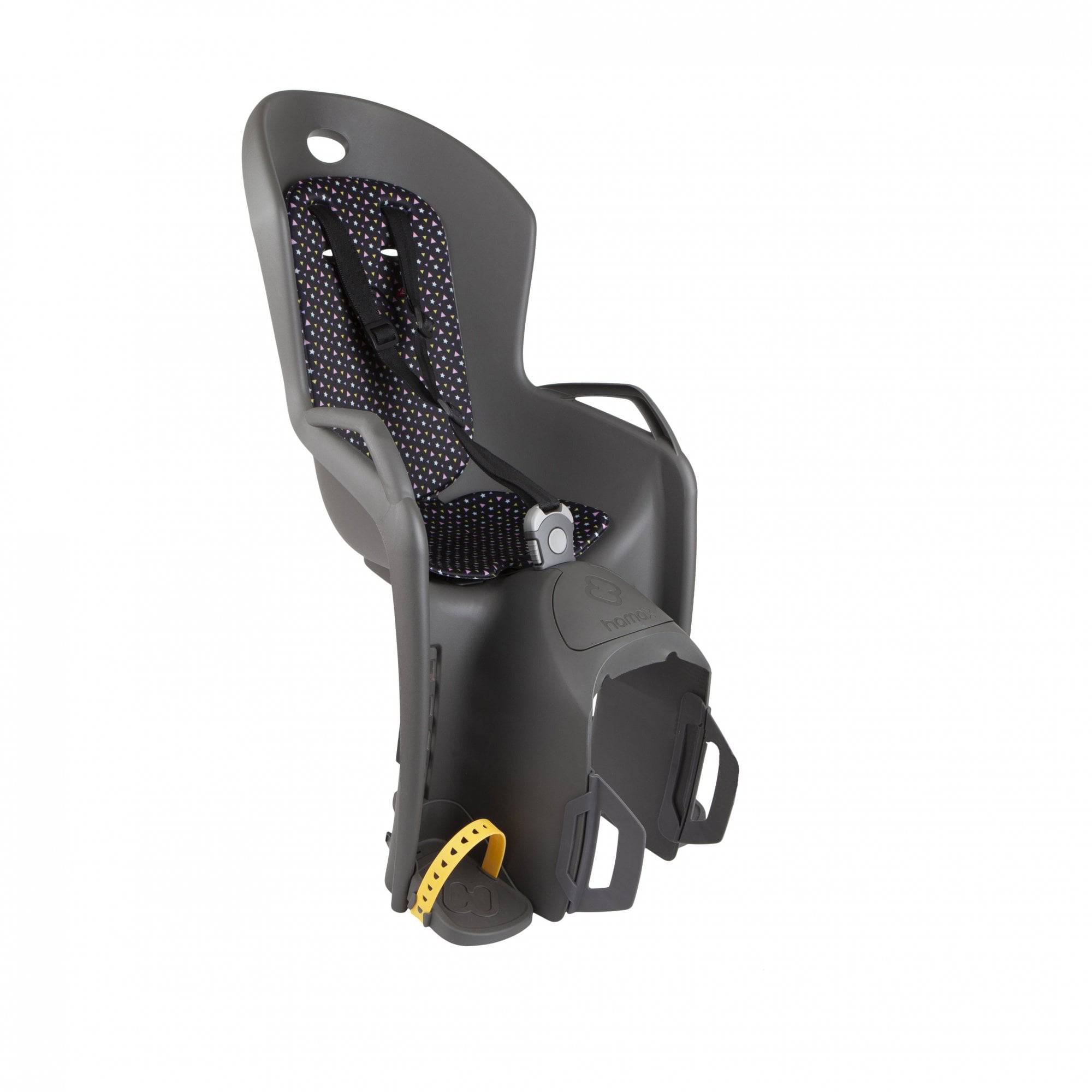 Dark grey Hamax Amiga 2022 child bike seat pannier rack with suspension, mounted on a bike, showcasing accessory features.