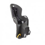 Dark grey Hamax Amiga 2022 child bike seat pannier rack with suspension, mounted on a bike, showcasing accessory features.
