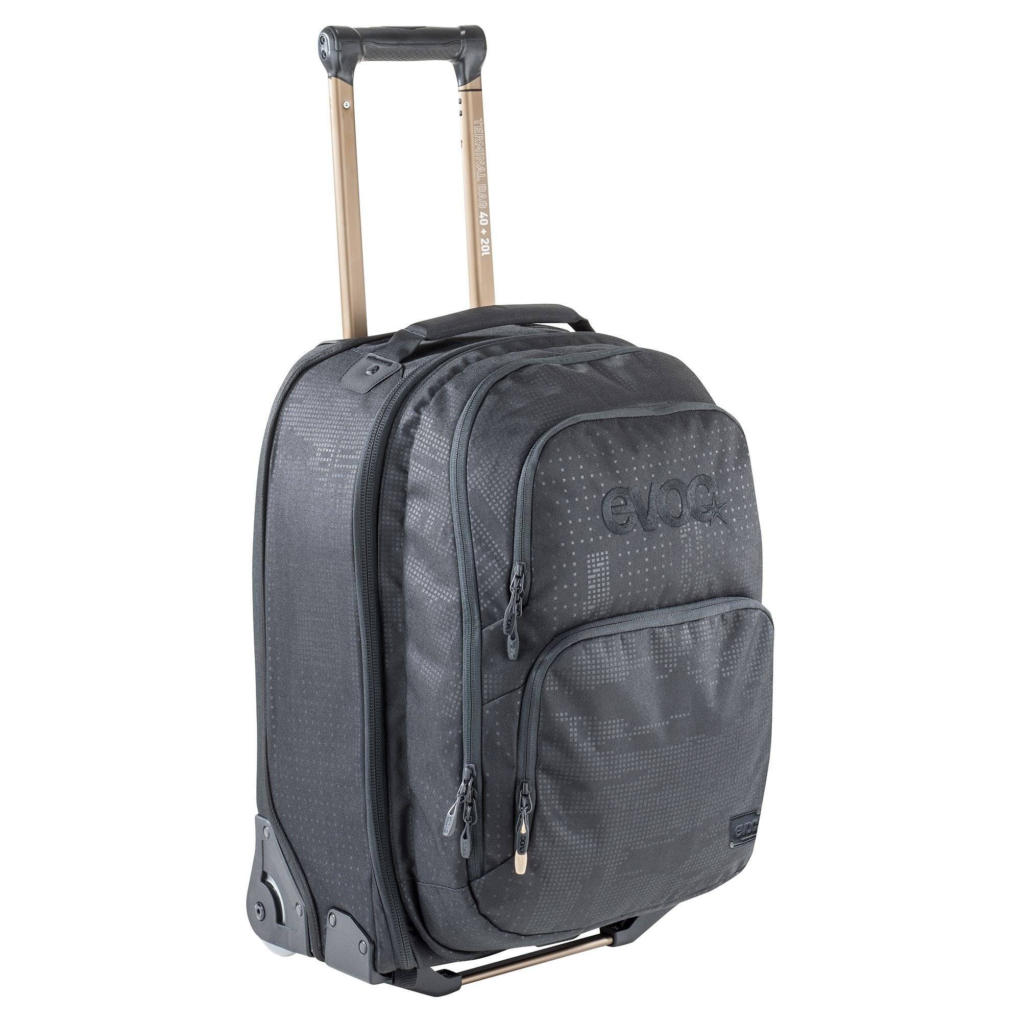 EVOC Travel Terminal Bag 40L with detachable 20L daypack and trolley wheels, durable travel accessories for convenient packing.