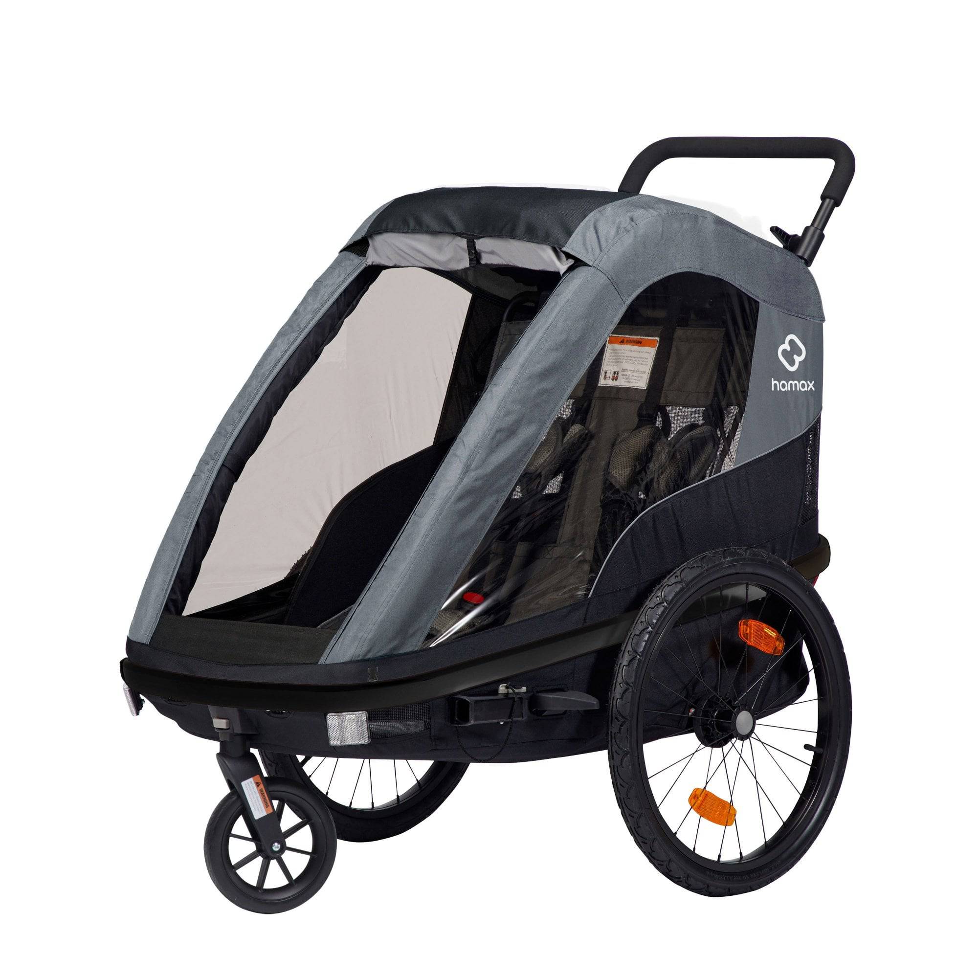 Hamax Avenida Twin child bike trailer and stroller with suspension and safety features, designed for family outdoor activities.