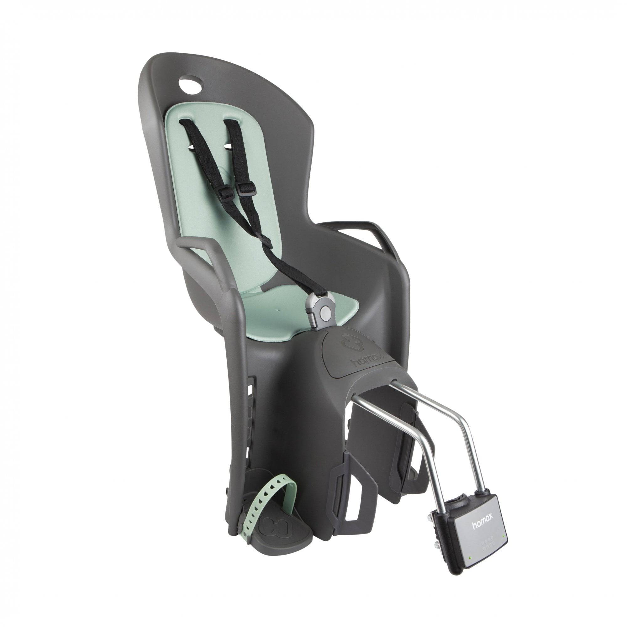 Hamax Amiga child bike seat with suspension, reflectors, and quick-release mounts, designed for safe and comfortable bike riding.