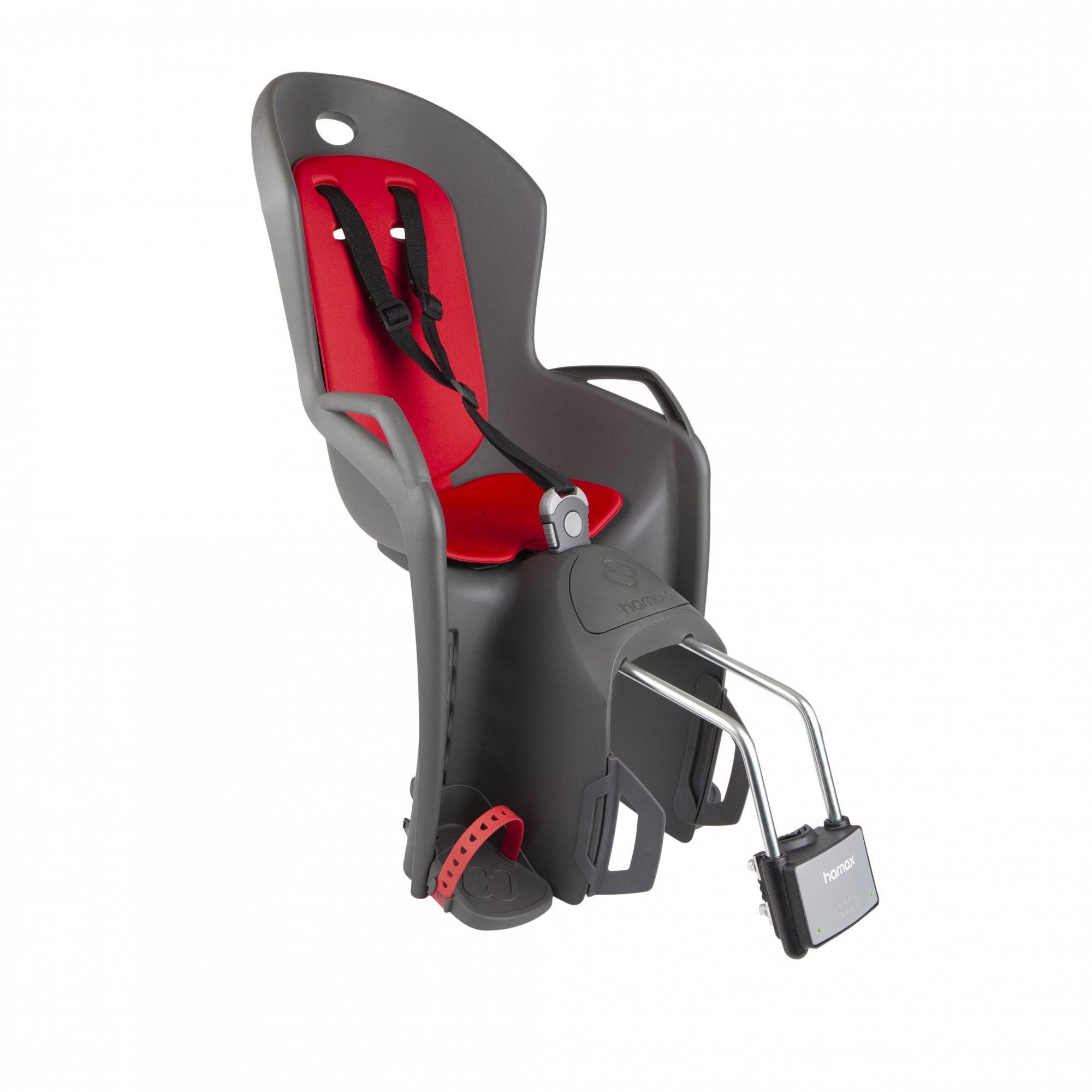 Hamax Amiga child bike seat with suspension, reflectors, and quick-release mounts, designed for safe and comfortable riding.
