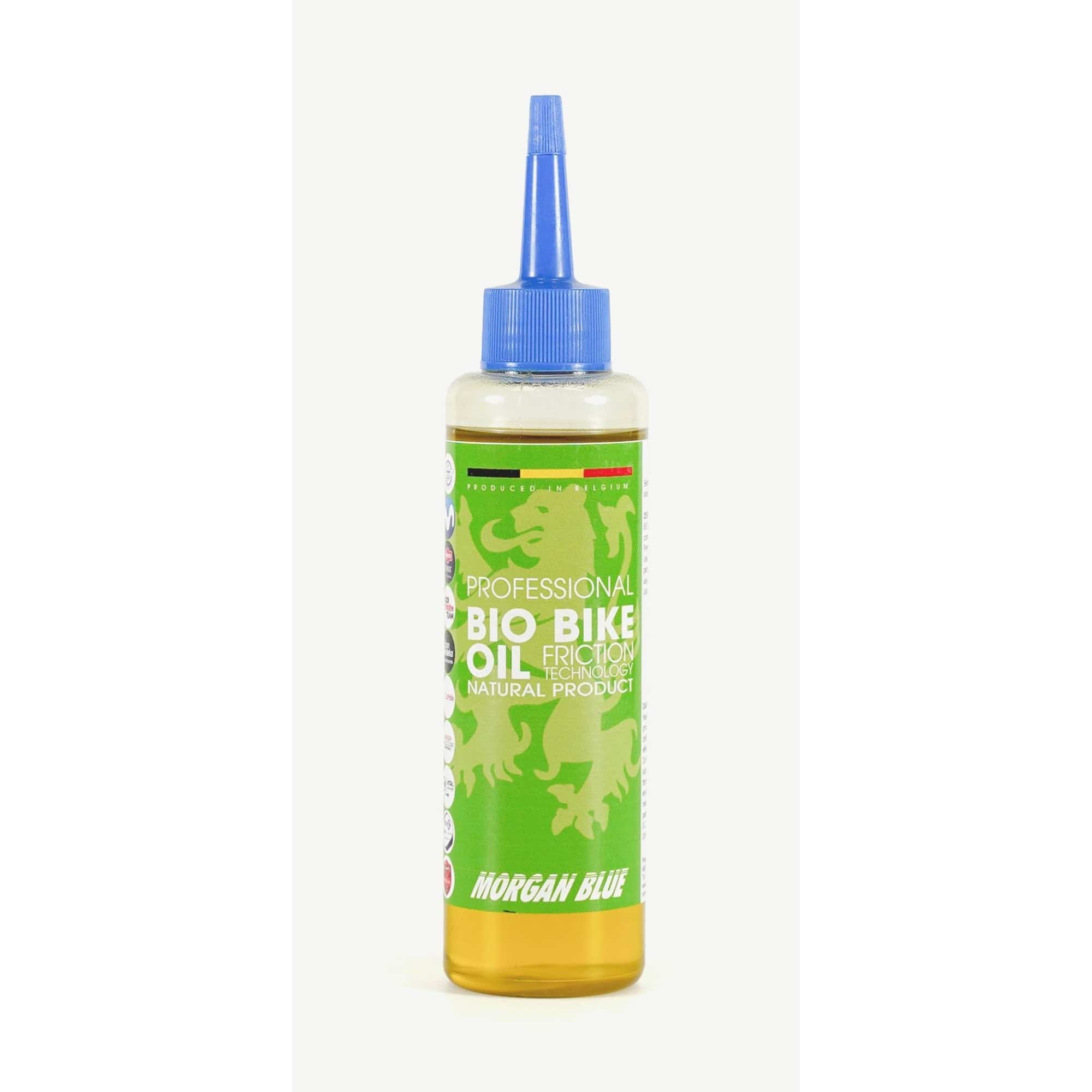 Morgan Blue Bio Bike Oil with Friction Technology in a 125cc bottle, eco-friendly lubricant for bike chains and drivetrains.